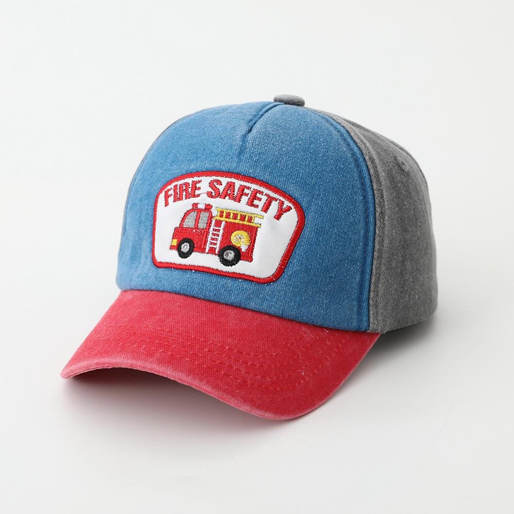 Fashion Hat Children's Color Matching Baseball Cap Fire Truck Embroidery Pattern Hat Boys Curved Edge Cap Breathable Sun Cap