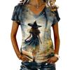 Women's V-Neck Short Sleeve Halloween Print T-Shirt Casual Pullover Top