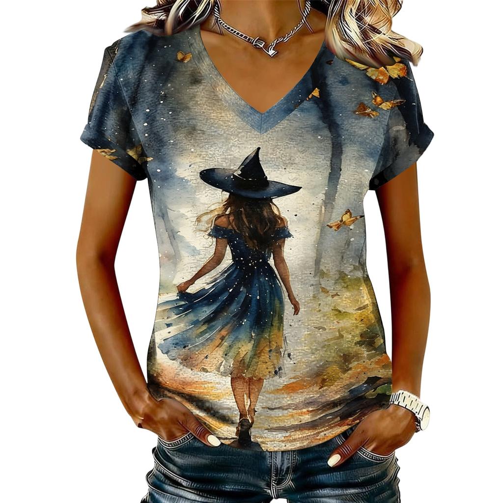 Women's V-Neck Short Sleeve Halloween Print T-Shirt Casual Pullover Top
