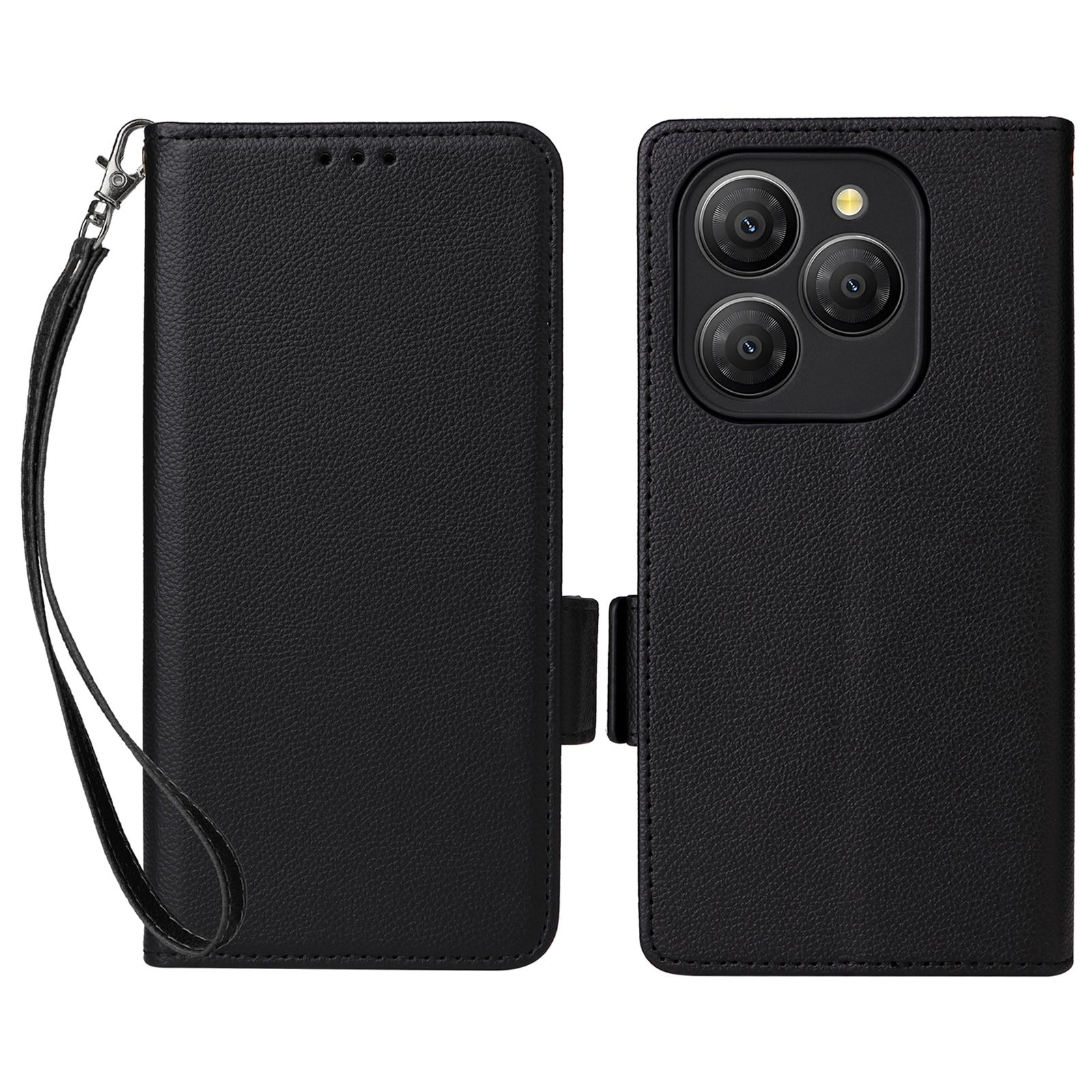 

For Blackview Shark 9 5G Case with Wrist Strap Litchi Texture PU Leather Wallet Phone Cover Black