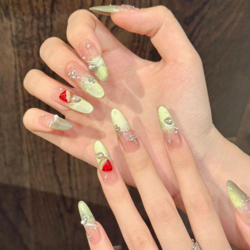 Yihe Original Ice Watermelon Zircon-Inlaid Gradient Blush Nails