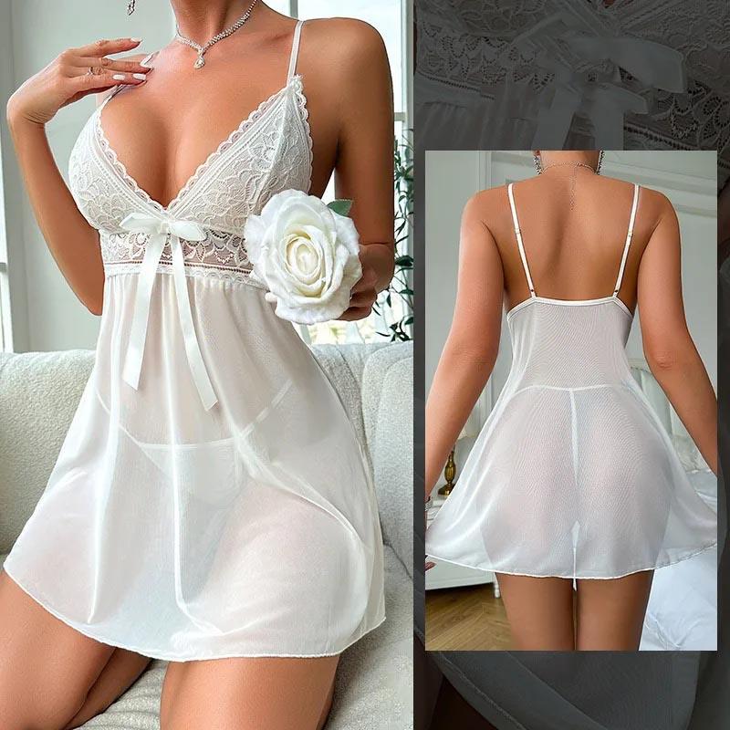 

V-образный вырез кружева прозрачный сексуальный сетчатый пижама кружево сорочка ночная рубашка женское платье XS белый