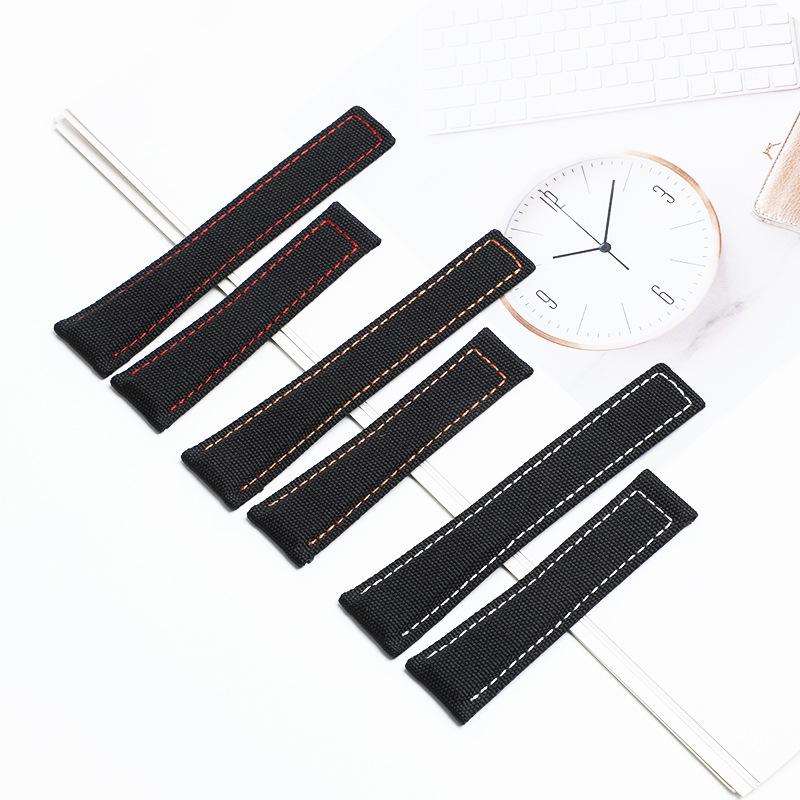 HY Hao Ya Men's Genuine Leather & Nylon Canvas Watch Strap with Velcro Closure, Available In 20mm and 22mm Sizes.