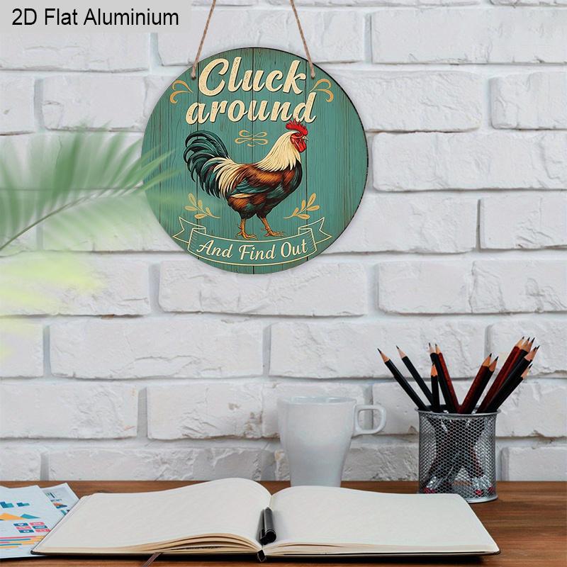 2D Flat Aluminum Funny Chicken Sign Round Metal Sign, Funny Farm Animal Door Hanger for Backyard Barn Fence Decoration, Pre-Drilled Holes for Easy