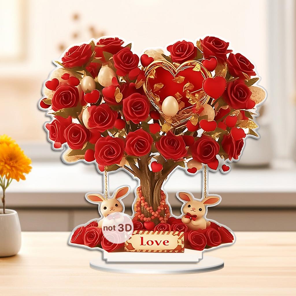 Romantics Heart Rose Flower Tree Sculpture 2D Acrylic Ornament with Base For Home Decors Wedding Anniversary Gift