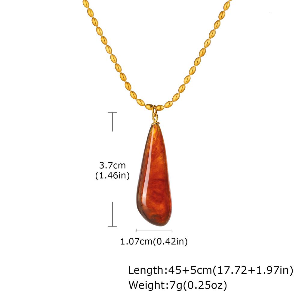 Fashion Vintage Resin Water-drop Shaped Pendant Stainless Steel Rice Beads Chain Necklace for Women Luxury Jewelry Daily&Party