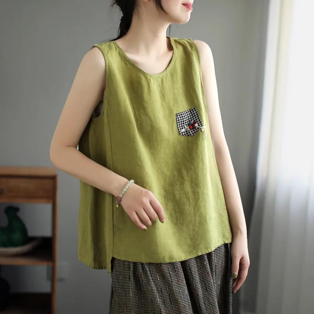 Women's Oversize Cotton-Linen Camisole Vest - Retro Sleeveless Solid Color Summer Top