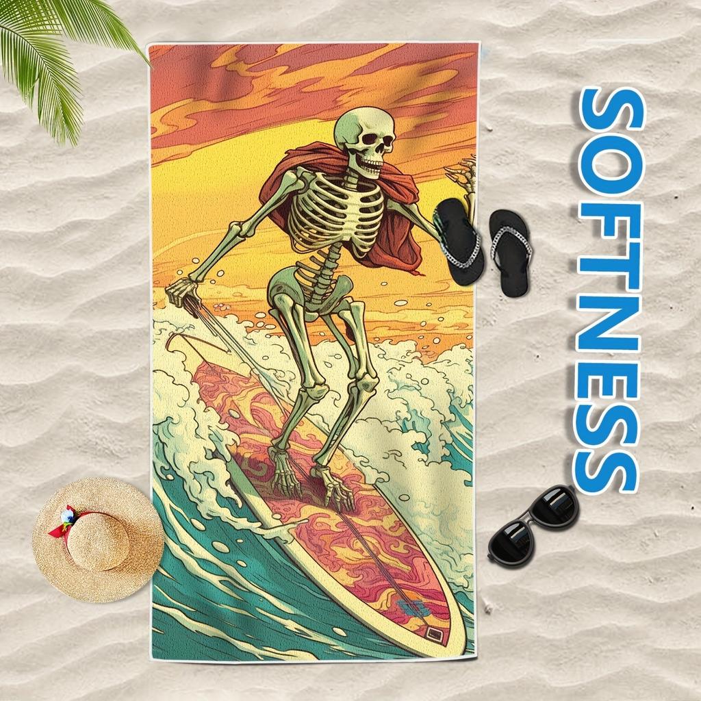 Surfing Skeleton Beach Towel: Breathable, Quick-Dry, Soft, Comfortable - Beach Life Suitable For Towels, Bath Towels