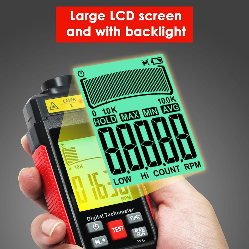 Digital Tachometer with Two Measurement Laser Photoelectric LCD Reflective Tape for and DIY Applications Non-Contact Modes, 10-99999 RPM,