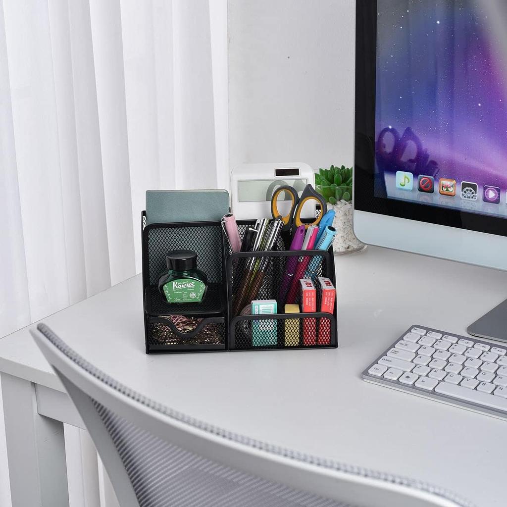 Mesh Desk Organizer, Pen Holders, Office Storage Supplies Drawer Organizers 7 in 1 for Office Home School Supply, Black