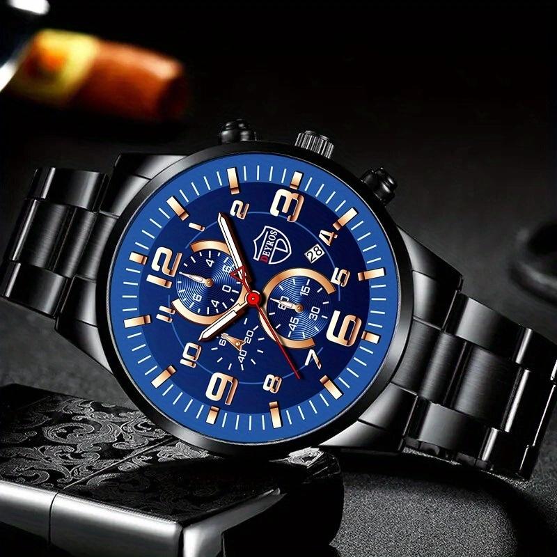 2pcs/set, Fashion Men's Calendar Quartz Watch, Casual Men's Stainless Steel Wrist Watch & Bracelet, Best Gifts for Him