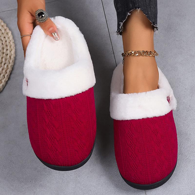 Fashion Knitted Mesh Cotton Slippers for Women Winter Round Toe Flat Heel Fur Slides Woman Faux Fur Warm House Cotton Slippers Mujer