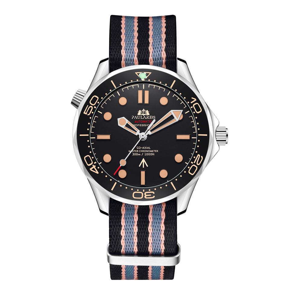 PAULAREIS Automatik Selbstaufzug Mechanisch Netz Edelstahl Nylonarmband Luxus Herren Neue Limitierte Uhr Damen Luxus Armbanduhr OM08 schwarz