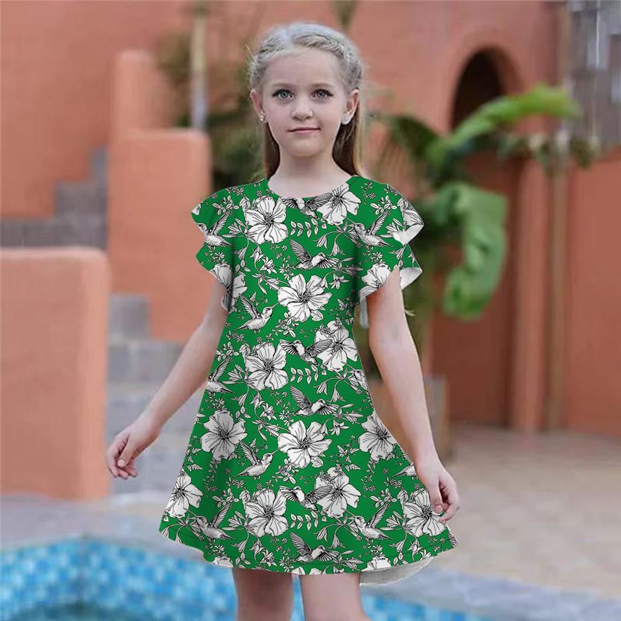 Girls Green Bird Flower Print Dresses Kids Girl Party Dress Loose Fitting  Loose Fitting Short Sleeved Skirt For Girls Over Four Years Old Buy cheaply  on Joom