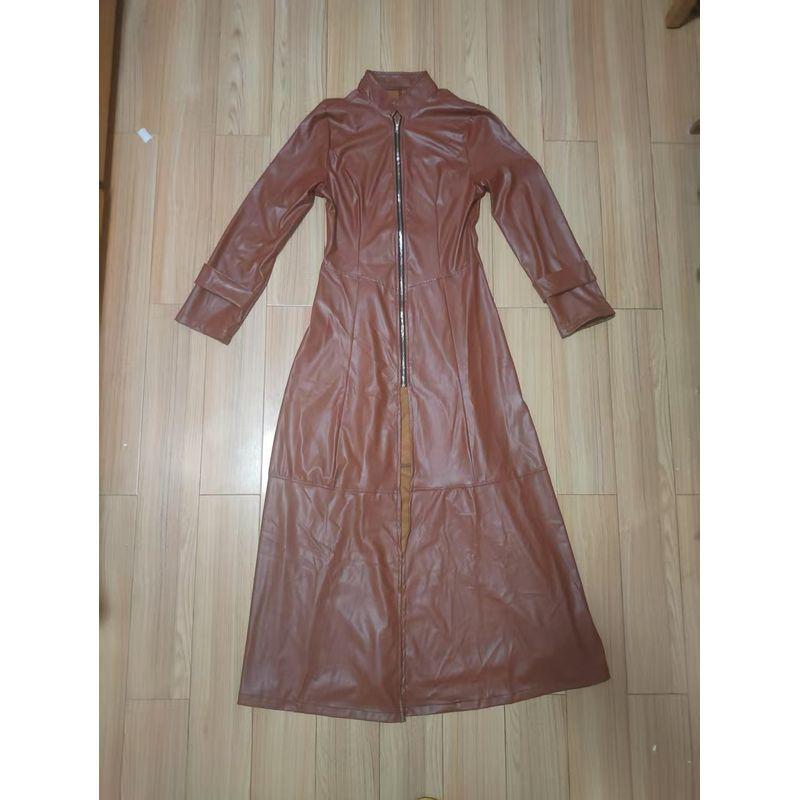 Fall Fashion Pure Color Long Section with a Stand Collar Temperament Plus Size Thin Coat with Zip Without Lining Outwear PU Leather Coat Women's Coat