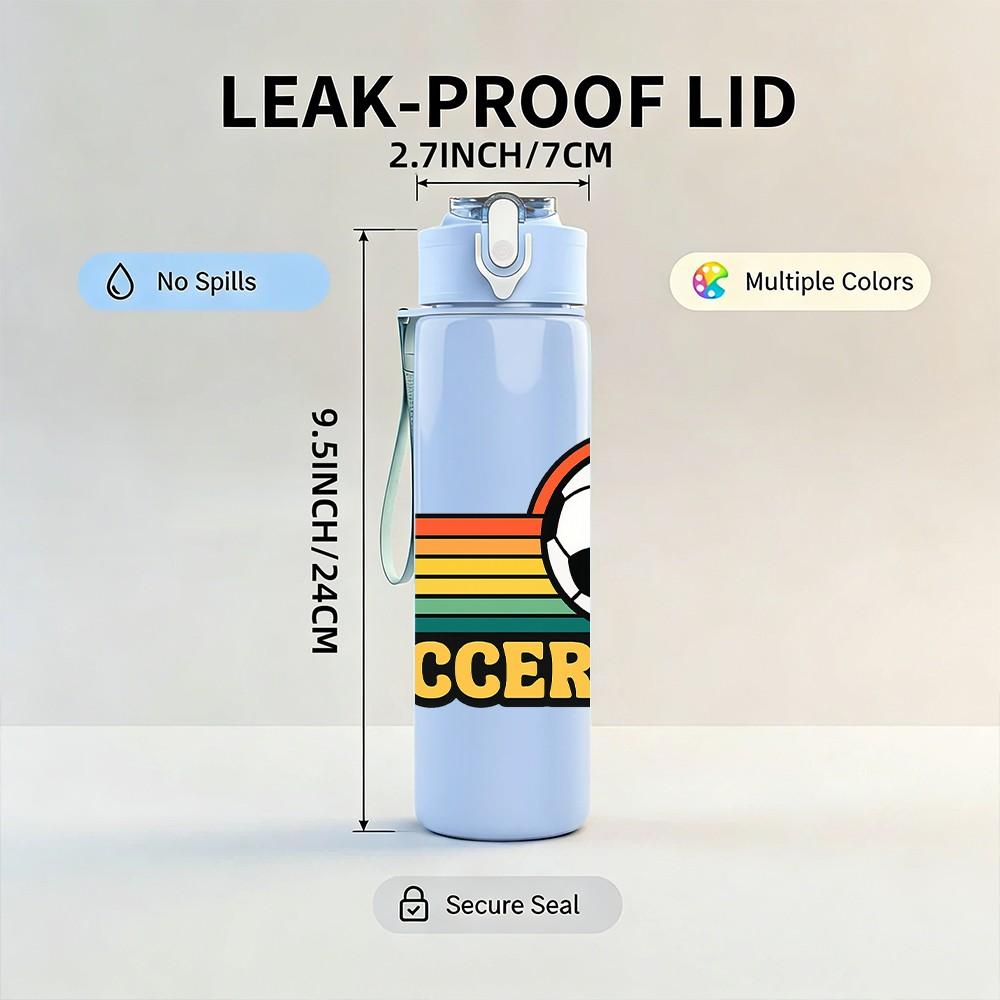 1PC Retro Striped Soccer Logo Print 750ml Color Plastic Sports Water Bottle Leakproof Flip Straw Lid Suitable for Sports Office Home Use