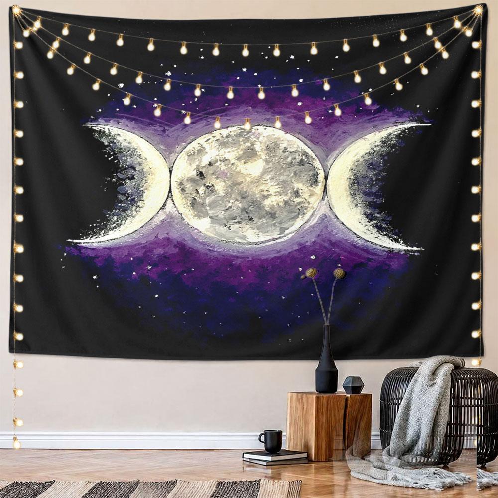 Triple Moon Phases On Starry Night Pattern Wall Hanging Tapestry Decorative Tapestry Home Decor for Bedroom and Living Room