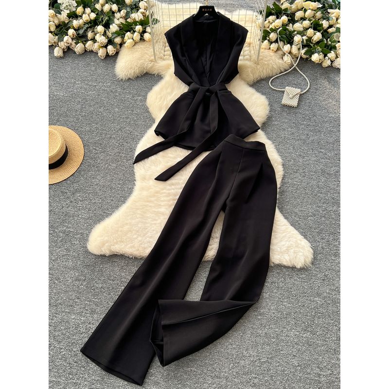 Summer Clothing Commuter Business Suit Women High-Grade Lace-up Waist Hugging Sleeveless Suit Top + High Waist Wide Leg Straight Pants