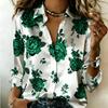 Dames Satijnen Shirt met Lange Mouwen Witte Basis Grote Rozen Bloemenprint Blouse Kraag Enkelrijig Losse Kantoor Tops