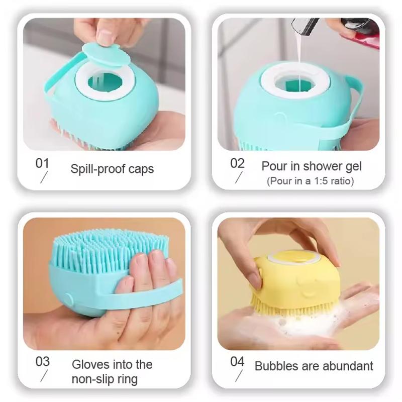 2-in-1 Pet Bath Brush Dog Cat Grooming Tool with Shampoo Dispenser Soft Silicone for Shower Massage and Cleaning