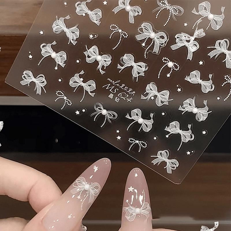 Autocollant pour ongles en forme de nœud en dentelle perlée avec diamants en relief, autocollant adhésif stéréoscopique à faire soi-même