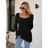 Fall Winter Women's Long Sleeve Top, Square Neck Ribbed Brushed Casual Long Tunic, European American Style Women's Casual Blouse
