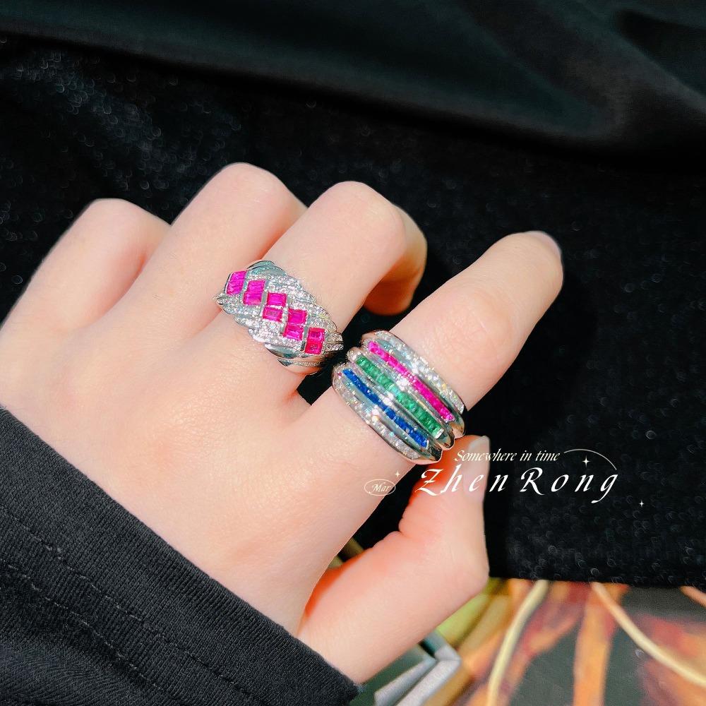 Luxury Open Ring Women High Carbon Diamond Red Ruby Blue Spinel Wedding Band Unique Design Fashion Jewelry