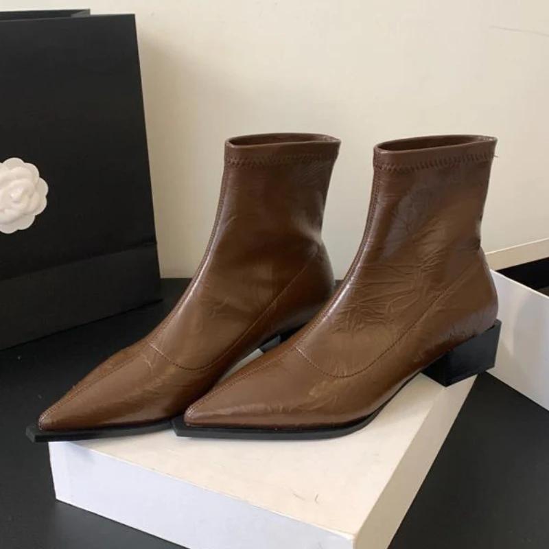 Moda toamnă iarnă cizme femei cu vârf ascuțit cizme chelsea cu toc mic pentru femei cizme scurte de designer punk groase femei