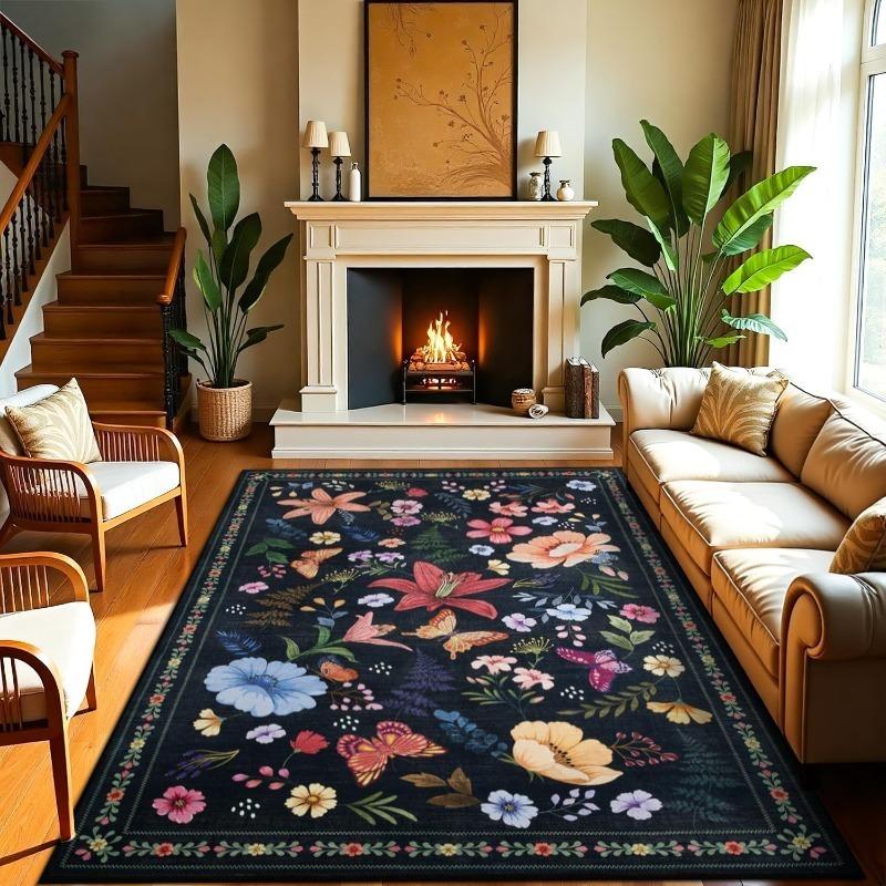 Carpet for Living Room Vintage Floral Nonslip Sofa Coffee Table Floor Mat Bedroom Bedside Rug Machine Washable Entrance Doormat