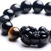 Black Obsidian Wealth Bracelet, Feng Shui Pixiu & Tiger Eye Stone, Unisex Design