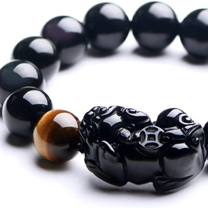 Black Obsidian Wealth Bracelet, Feng Shui Pixiu & Tiger Eye Stone, Unisex Design