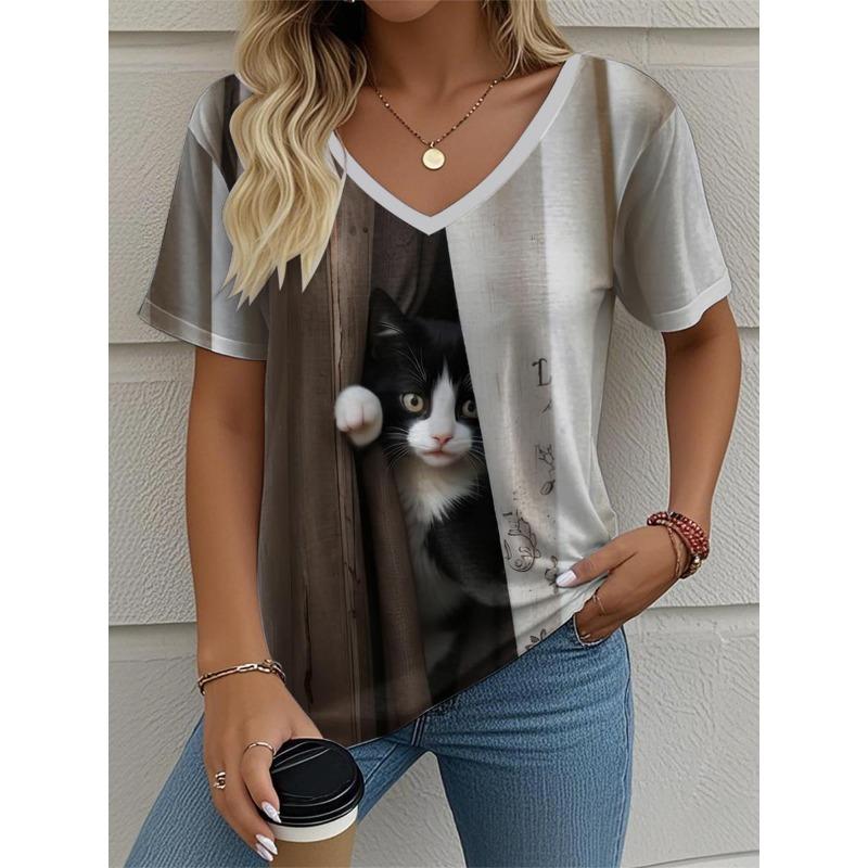 2025 New Cat Women's V-Neck T-Shirt Summer Outdoor Fashion Short Sleeve Tops Animal Printed Patterns OverSize Women's Clothing