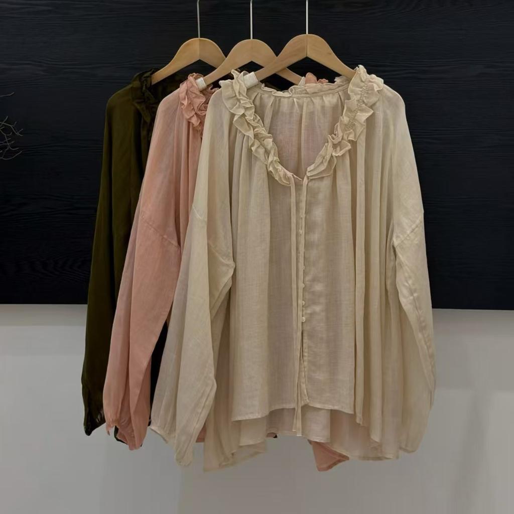 1116 Summer New Women's Lace Collar Japanese Ramie Shirt Loose Shirt Top Cardigan Literary Style Ins