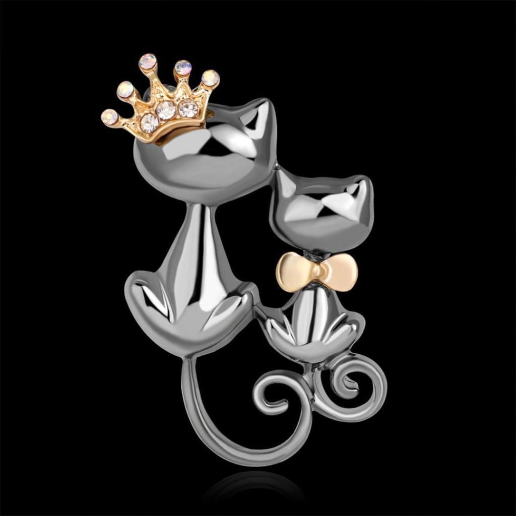 Fashion Jewelry Shiny Rhinestone Cute Double Cats Kitten Crown Brooch Pin Gift
