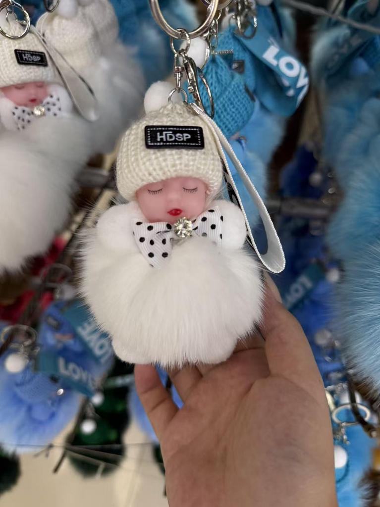 Authentic Fox Fur Pompon Keychain: Cute Plush Sleeping Doll Bag Charm