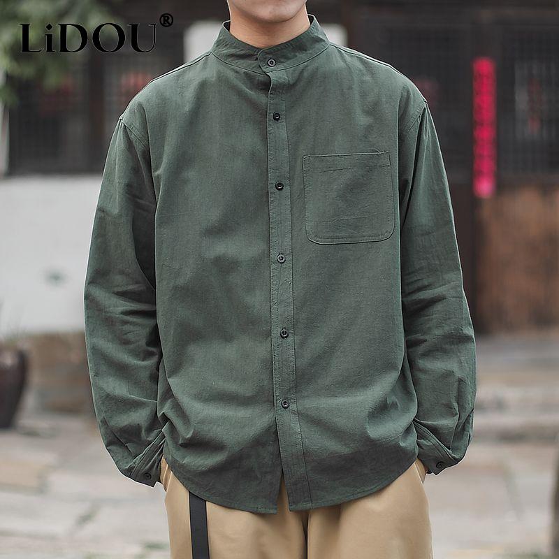 Spring Autumn Long Sleeve Shirt Man Stand Collar Solid Color Single Breasted Loose Casual Coat Korean Style Fashion Tops