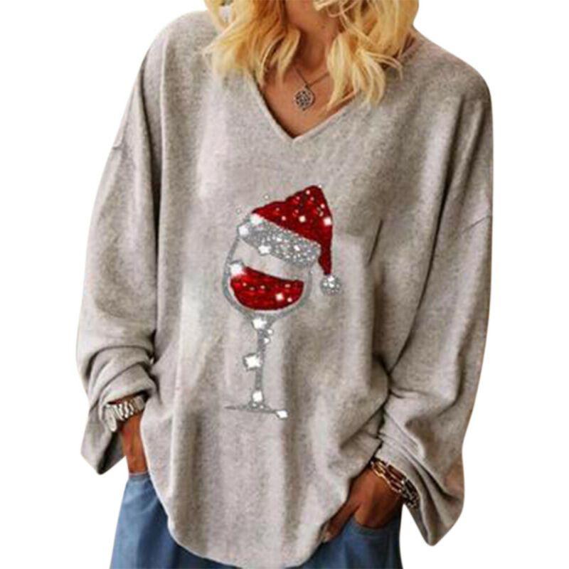 

Рождественское вино Женская стеклянная футболка Футболка с V-образным вырезом С длинным рукавом Пуловер Топы Блузка 5XL
