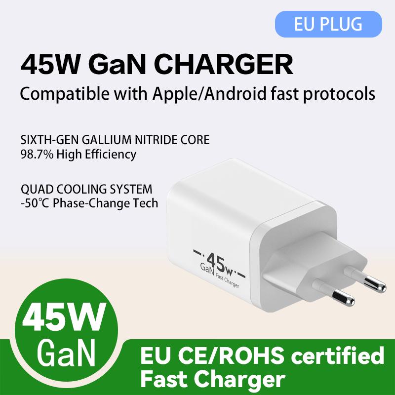 

45W GaN Charger PD3.0 Fast USB Type C Charger Quick Charging for iPhone 16 15 14 Samsung S25 Ultra Xiaomi Redmi Tablet EU White