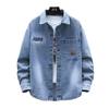 Men's Trendy Turn-Down Collar Long Sleeve Denim Jacket - Casual Spring/Autumn Workwear for Teens and Students