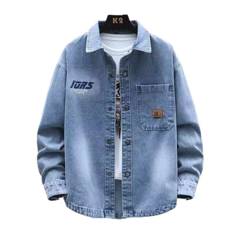 Men's Trendy Turn-Down Collar Long Sleeve Denim Jacket - Casual Spring/Autumn Workwear for Teens and Students