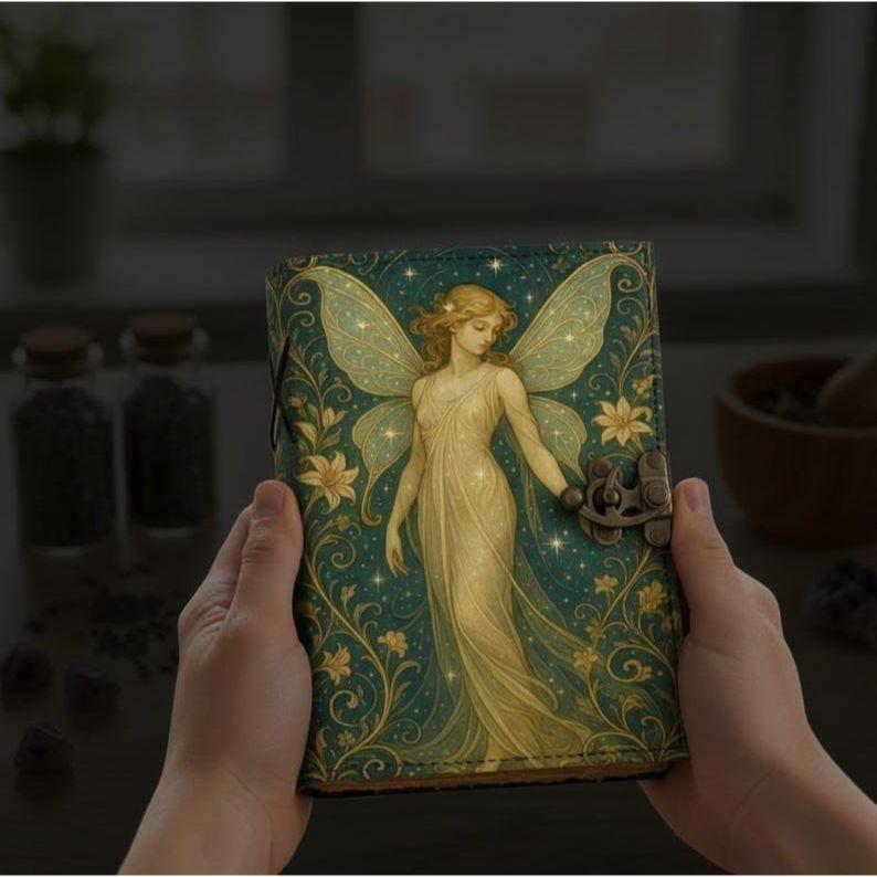 Fairy Leather Journal, Handmade Book of Shadows Grimoire, Pagan Spellbook