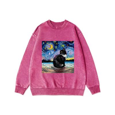 Beautiful Starry Cats Printed Distressed Womens Hoodie Autumn Crewneck Oversize Cotton Thin Style Sweatshirt