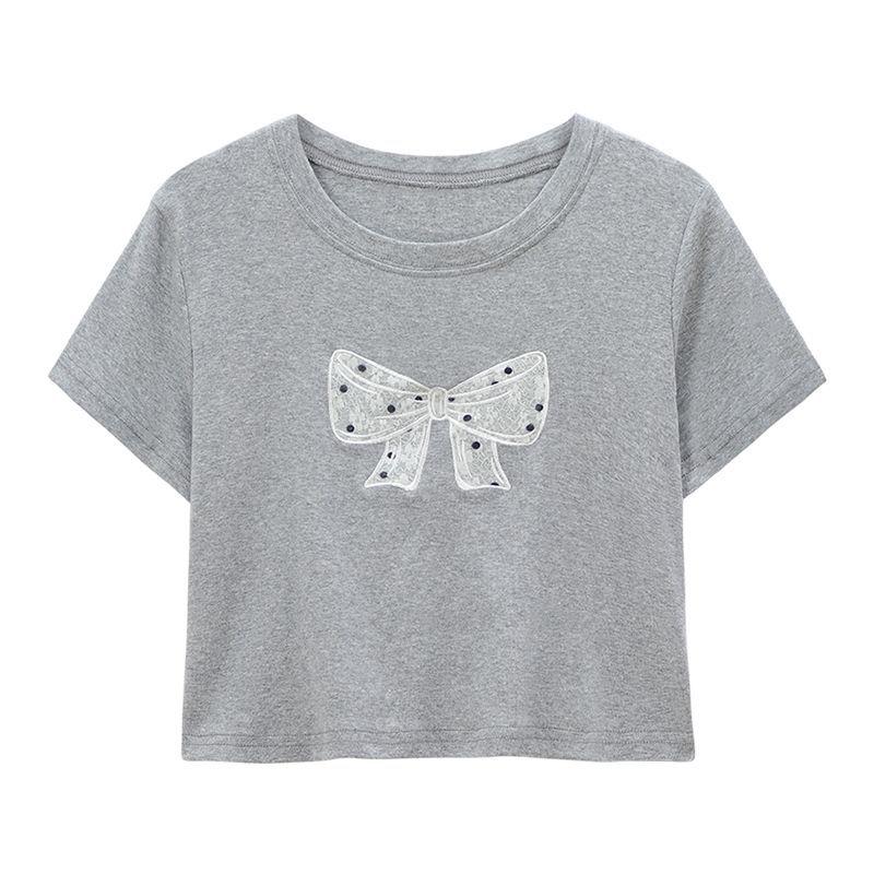 

Women s Gray Bowknot Short-Sleeve T-shirt & Lace Polka Dot High-Waisted Skirt Set L (Recommended for 109-118 lbs)