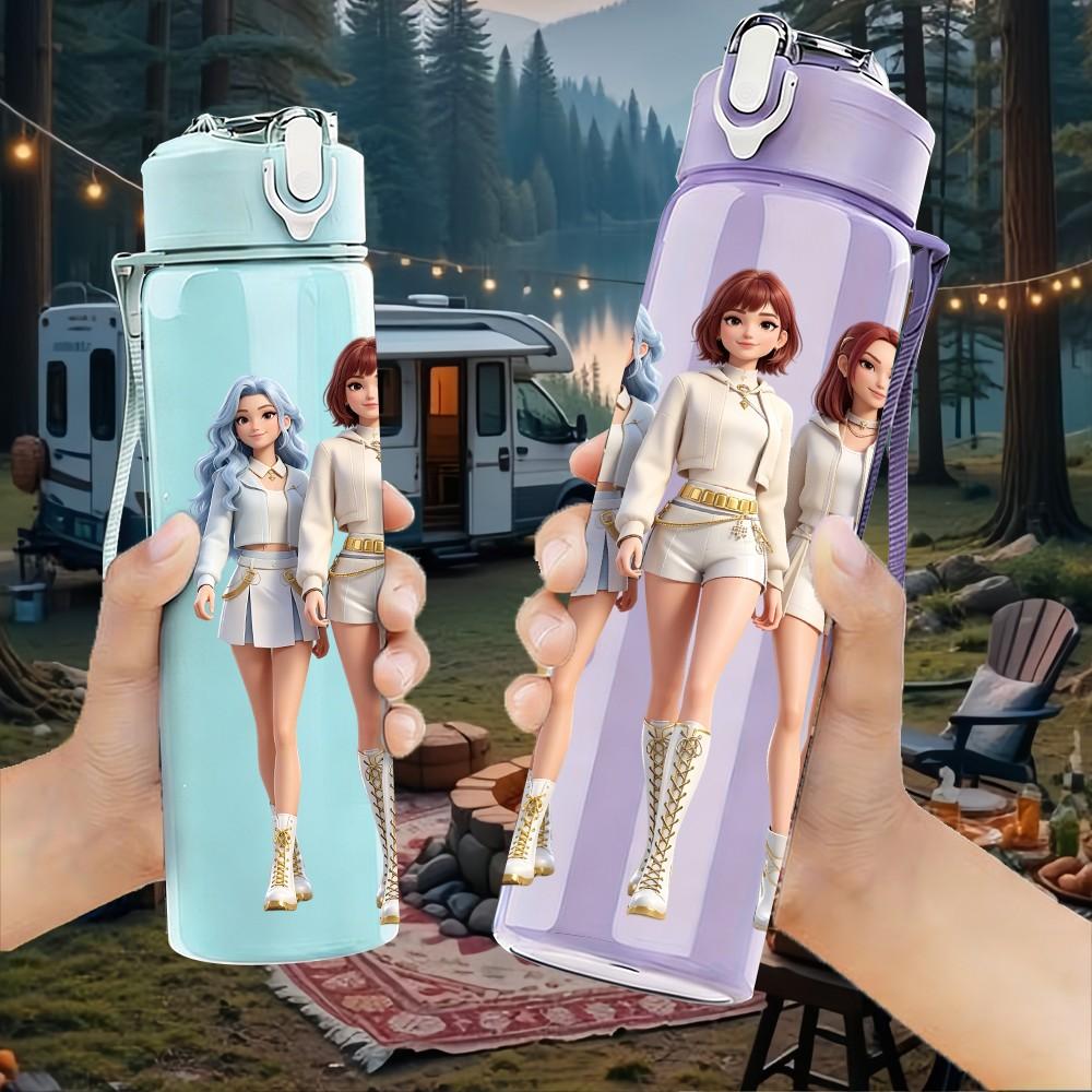 1PC Three Chibi Female Characters 750ml Color Plastic Sports Water Bottle Leakproof Flip Straw Lid For Sports Office Home Use