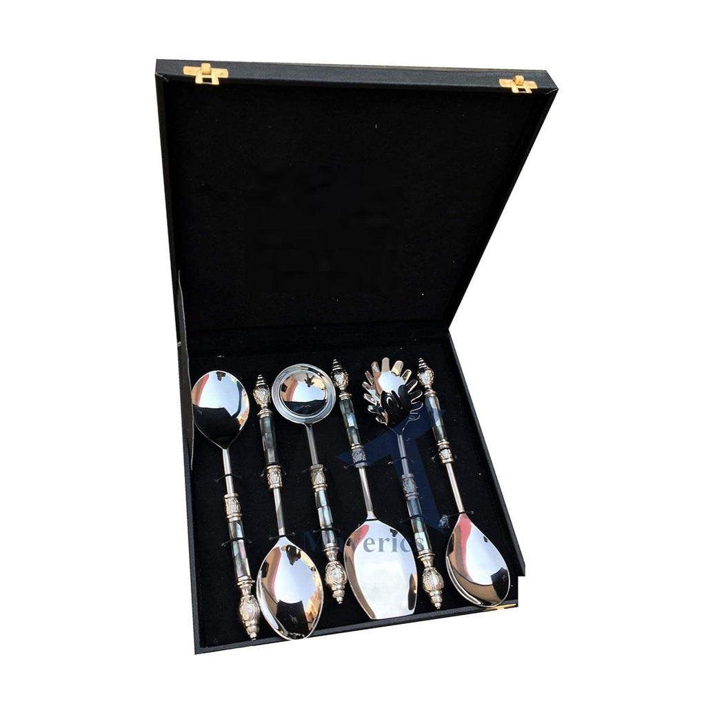 Black Mother of Pearl (MOP) with Round Emboss Aluminium Handle Serving Spoon (6 Piece)