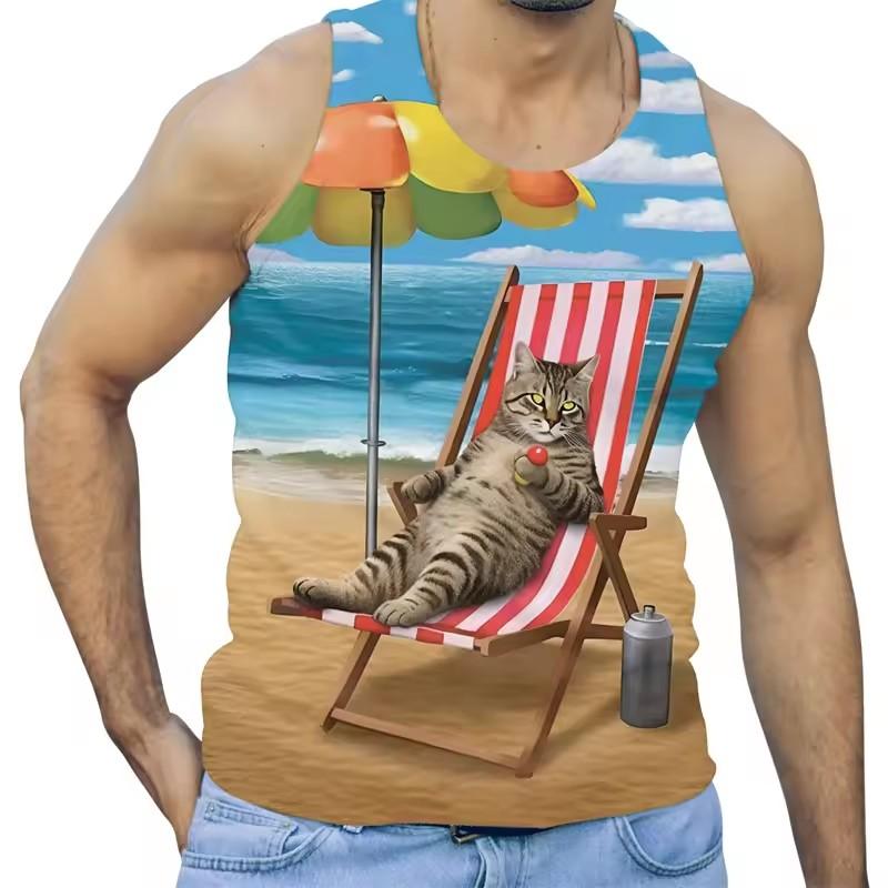 Funny Alien Cat 3D Print Tank Tops Men Clothing Cartoon Animal Letter Vest Cool Sleeveless Harajuku Streetwear Tops Tees
