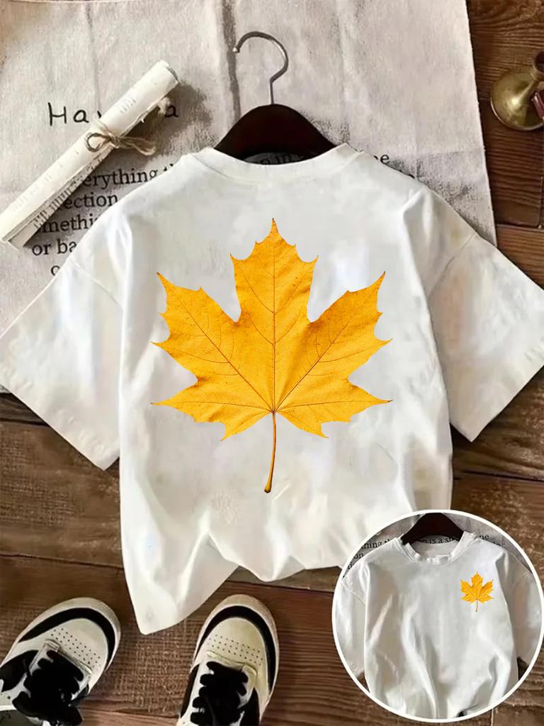 Autumn Yellow Maple Leaf Graphic TShirt Nature Inspired Casual White Tee Aesthetic Fall Leaf Print Shirt for Women Minimalist
