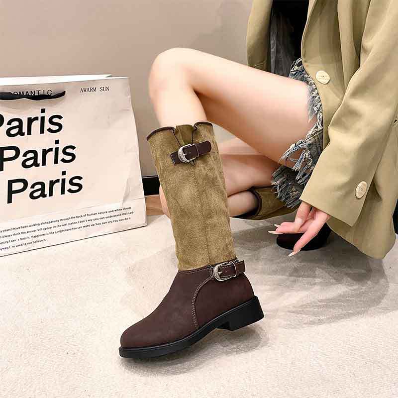 Belt buckle thick heel western cowboy boots women's 2025 new autumn and winter retro color matching boots tall knight boots