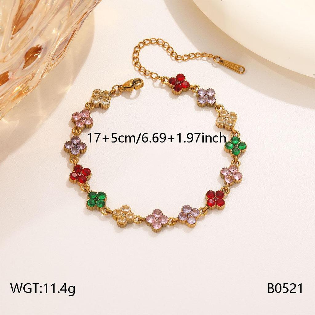 Europäisches Retro-Vierblättriges Kleeblatt-Armband: Exquisiter Damenschmuck mit bunten floralen Diamanten