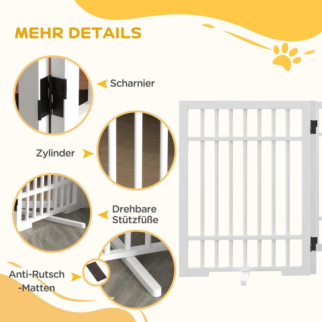 Dog Gate, Foldable and Non-Slip, Swiveling Support Feet, Wood Frame, 183x24.5x61 Cm, White